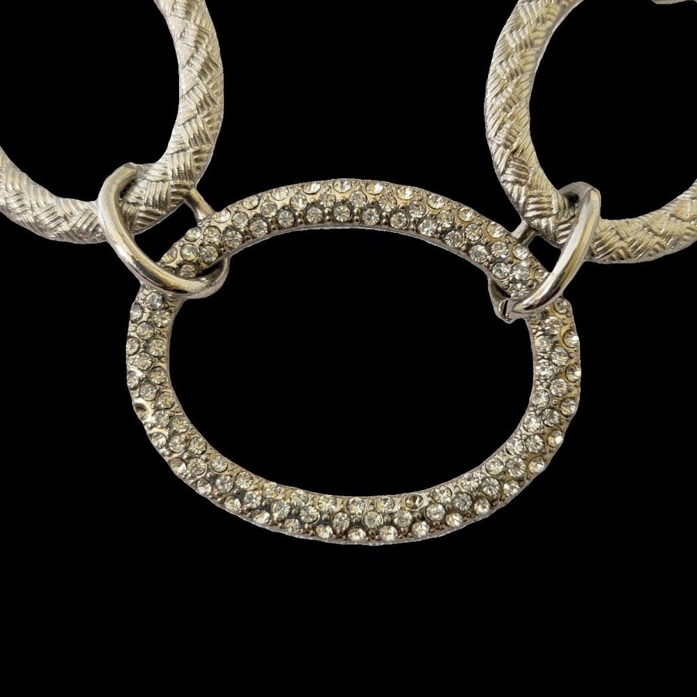 Silver Tone Textured Link Necklace Rhinestone Pavé Circle Statement Adjustable - Picture 6 of 10